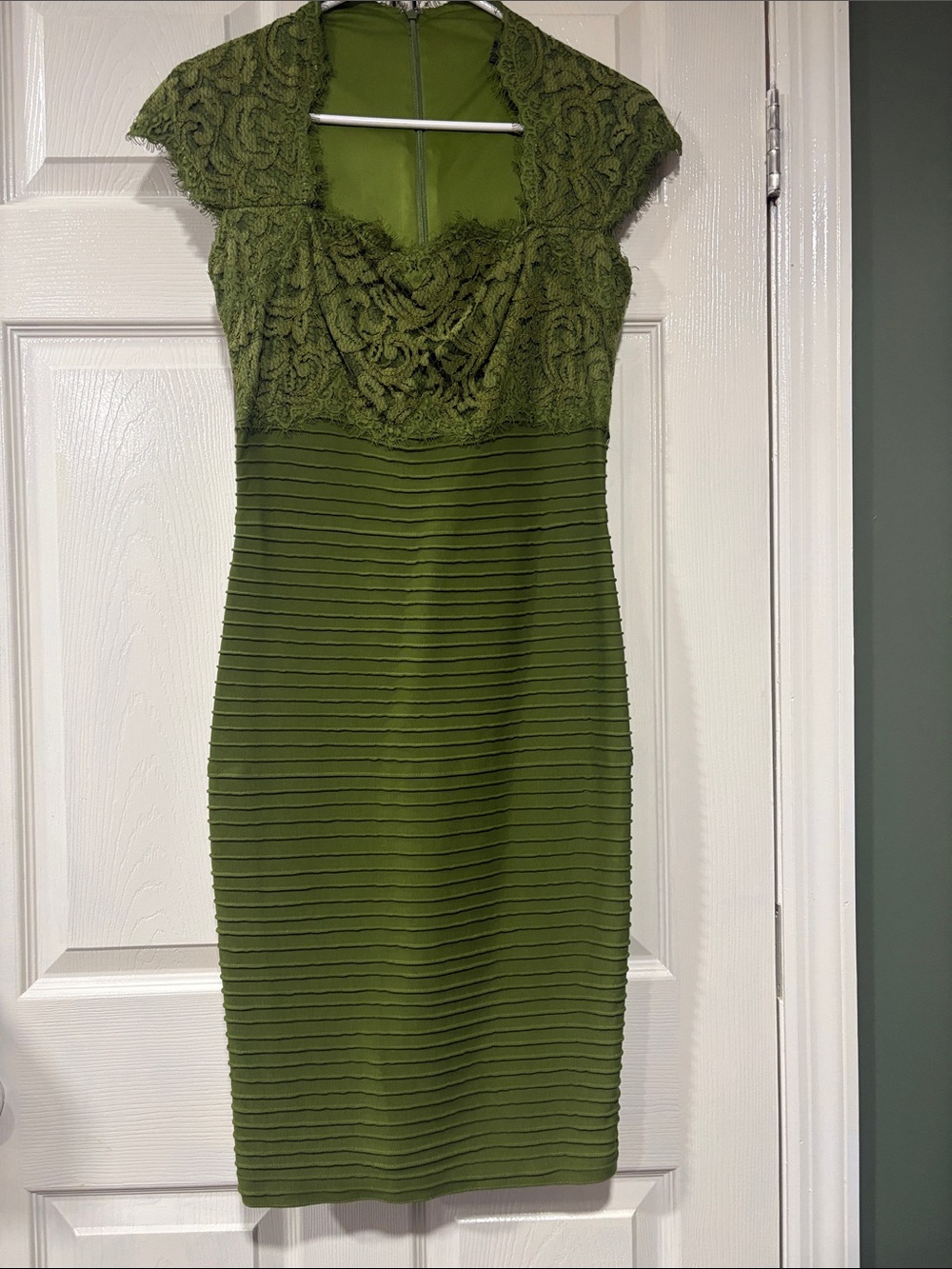Tadashi Shoji Olive Green Lace Bodice Midi Sheath Dress